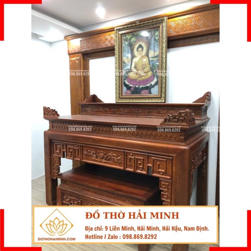 Mẫu phòng thờ đẹp đơn giản, bàn thờ sen gỗ Gụ Lào hiện đại PT11